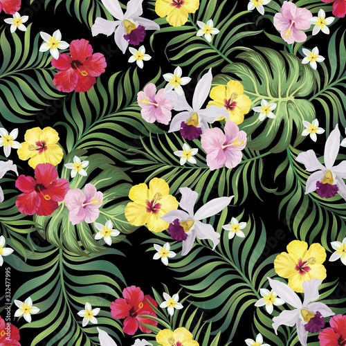 Exotic tropical flowers hibiscus palm leaves pattern seamless. Jungle vector vintage wallpaper © Logunova Elena