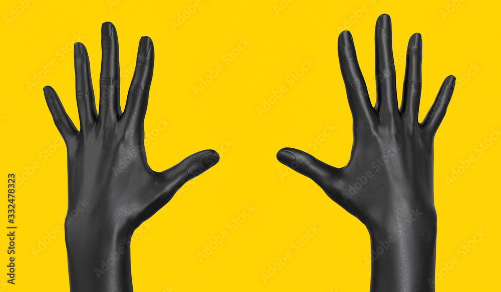 Obraz premium Pair of grabbing hands isolated on yellow, black open palm gesture. 3d rendering. Art creative communication concept banner.