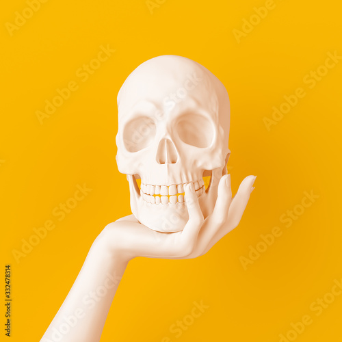 Hand holding white skull art creative concept banner 3d rendering