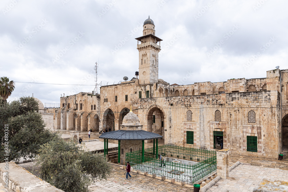 The Medresse, the Bab al-Silsila minaret and Kasim Pasha Fountain are on the Temple Mount in the Old Town of Jerusalem in Israel