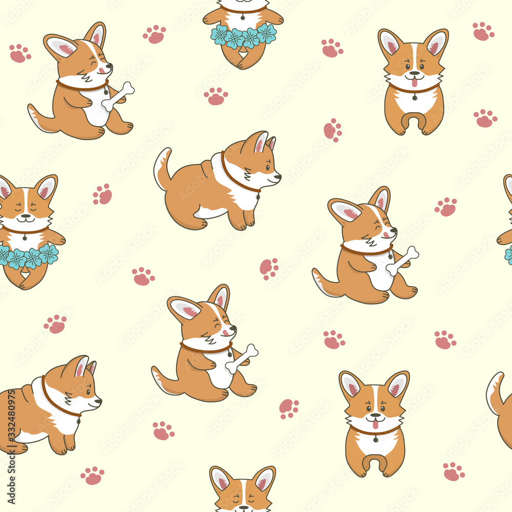Seamless pattern of cute corgi dogs. Little puppies are standing, eating, dancing. Isolated objects. Vector cartoon illustration for print, postcard, wallpaper, textile, stickers.