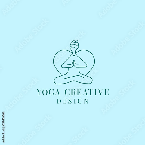 Yoga  center concept logo. Flat vector outline design illustration with man sitting with crossed legs, putting hands to pray and meditating. Big heart behind him.