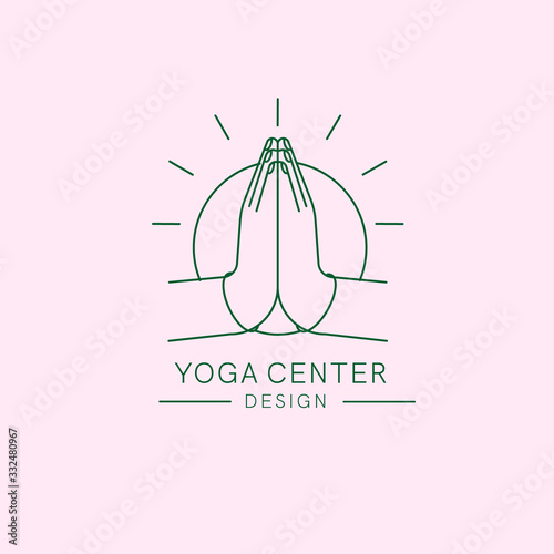 Yoga or meditation center concept logo. Vector illustration with  abstract silhouette of hands which  putted to pray and meditating. sunshine behind its
