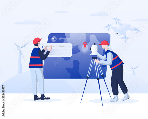 Geodesy concept illustration. Surveyors at work: uploading  data from drone, making measurements using theodolite. Flat vector illustration.