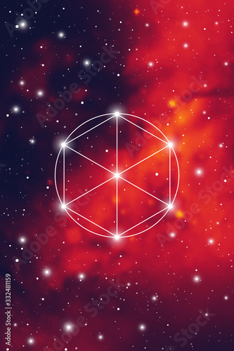 Philosopher stone sacred geometry spiritual new age futuristic illustration with transmutation interlocking circles, triangles and glowing particles in front of cosmic background