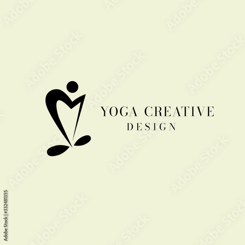 Yoga or meditation center concept logo.  Flat Vector illustration with  abstract silhouette of man sitting with crossed legs, and  meditating. 
