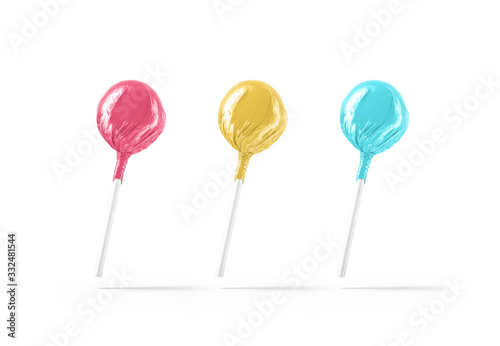 Blank three lollipop with colored wrapper mockup, no gravity © Alexandr Bognat