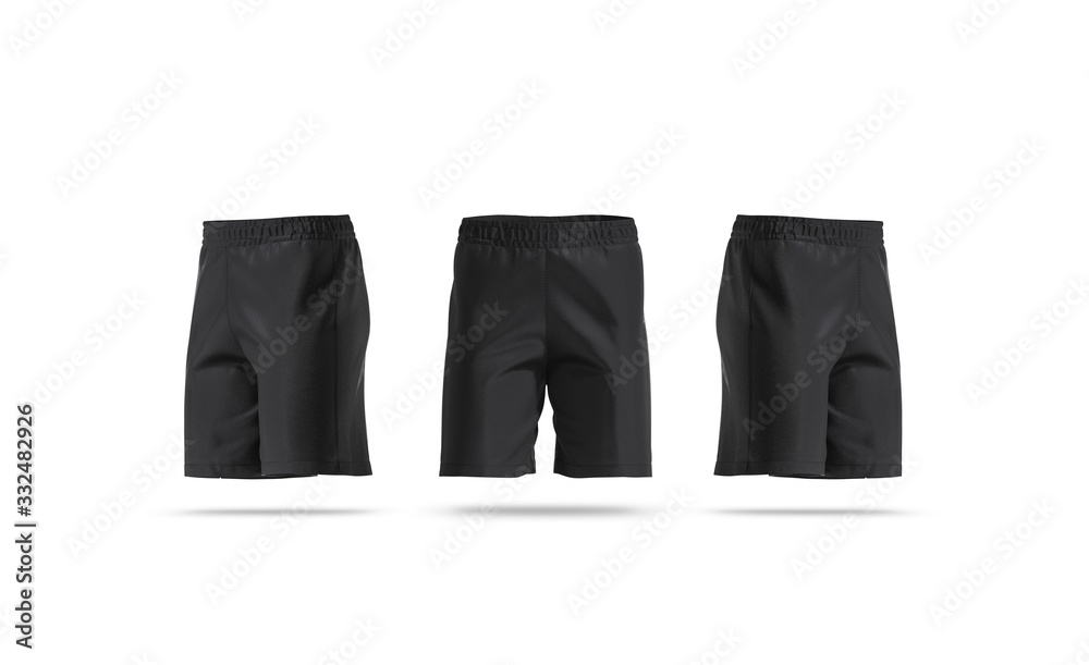 Blank black soccer shorts mock up, front and side view Blank black soccer shorts mock up, front and side view