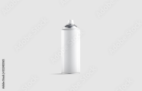 Blank white opened spray can mockup, front view, gray background