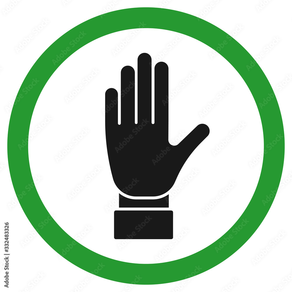 Vector stock icon on a transparent background. A raised hand in a green circle. A symbol of the vows or the symbol 