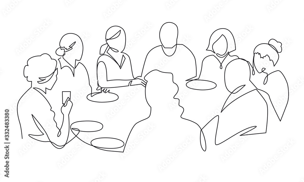 Birthday party continuous one line vector drawing. B-day celebration. Hand drawn family dinner, holiday, festival. Woman and guests sitting at table. Thanksgiving Day illustration. Funeral banquet Birthday party continuous one line vector drawing. B-day celebration. Hand drawn family dinner, holiday, festival. Woman and guests sitting at table. Thanksgiving Day illustration. Funeral banquet
