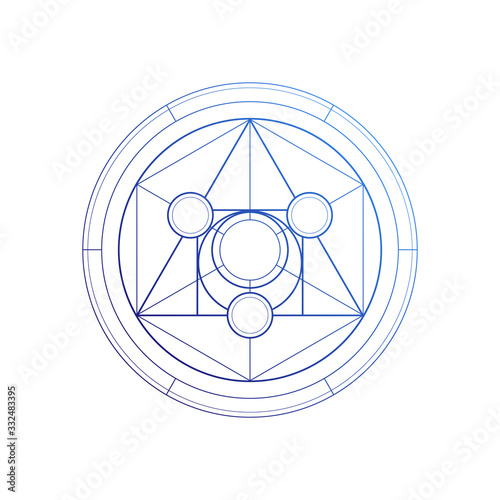 Philosopher stone sacred geometry spiritual new age futuristic illustration with transmutation interlocking circles and triangles on white.