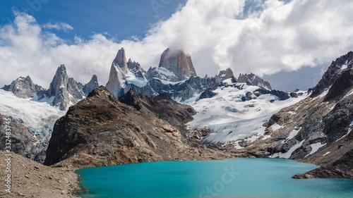 Zoom out time lapse view of Mount Fitz Roy and Laguna de los Tres in El Chalten, Patagonia Argentina, South America. photo