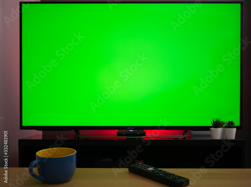 Chroma key green screen tv television screen in living room