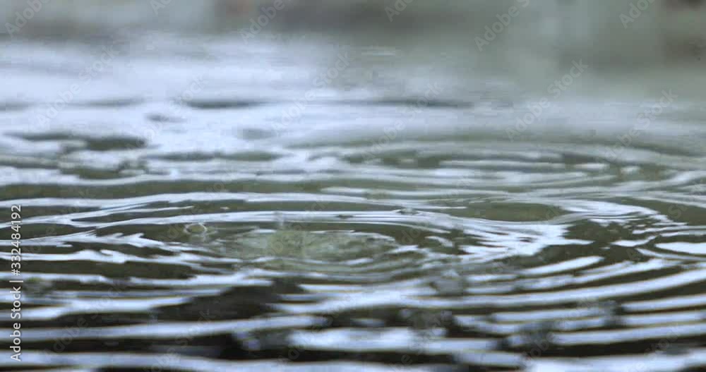 Slow motion extreme closeup of rain water drops falling and rippling into an icy puddle. Water splashing up and rippling outwards as the rain falls Slow motion extreme closeup of rain water drops falling and rippling into an icy puddle. Water splashing up and rippling outwards as the rain falls