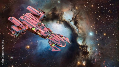 Realistic 3D illustration. Big futuristic alien spaceship traveling in the Universe. Military spacecraft flying in deep space with stars and planets in the background. Scientific, future expedition.