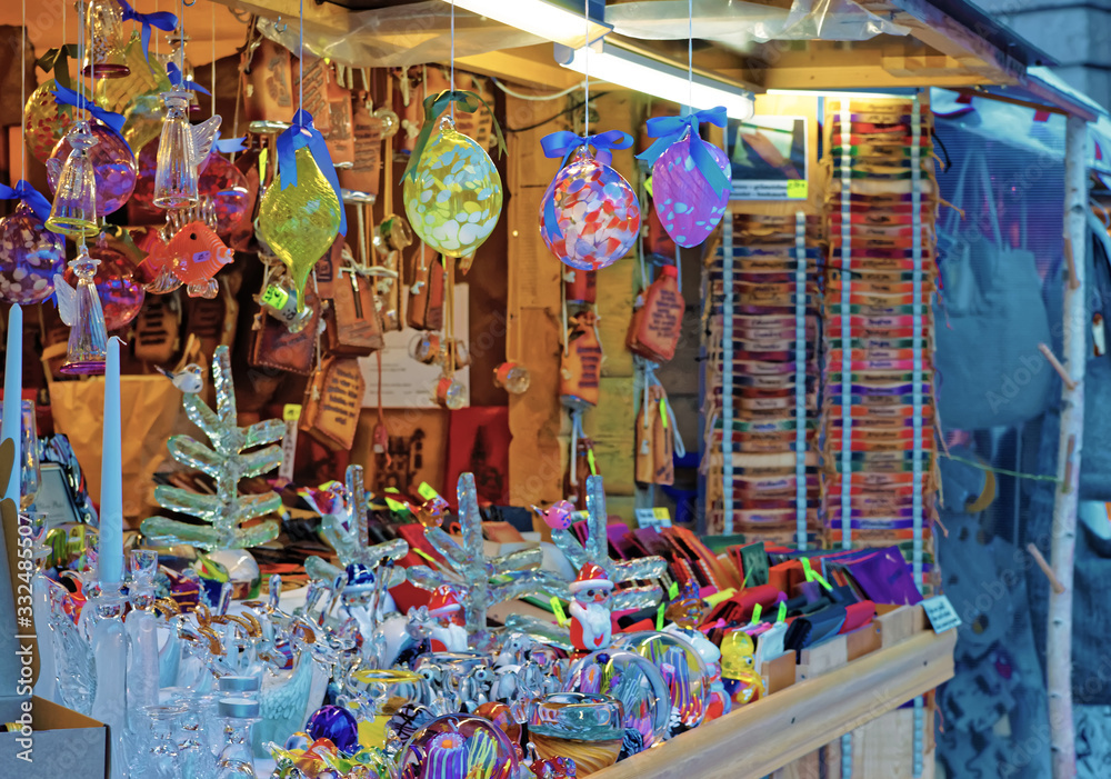 Fototapeta premium Souvenirs made of glass for sale at the Christmas market in Old Riga