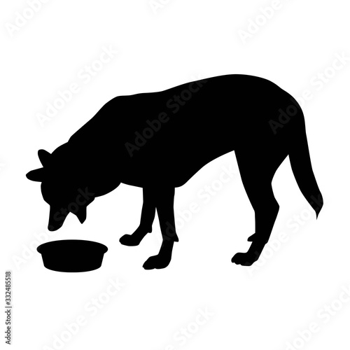 big dog feeding from bowl with open muzzle from profile silhouette vector isolated on white background