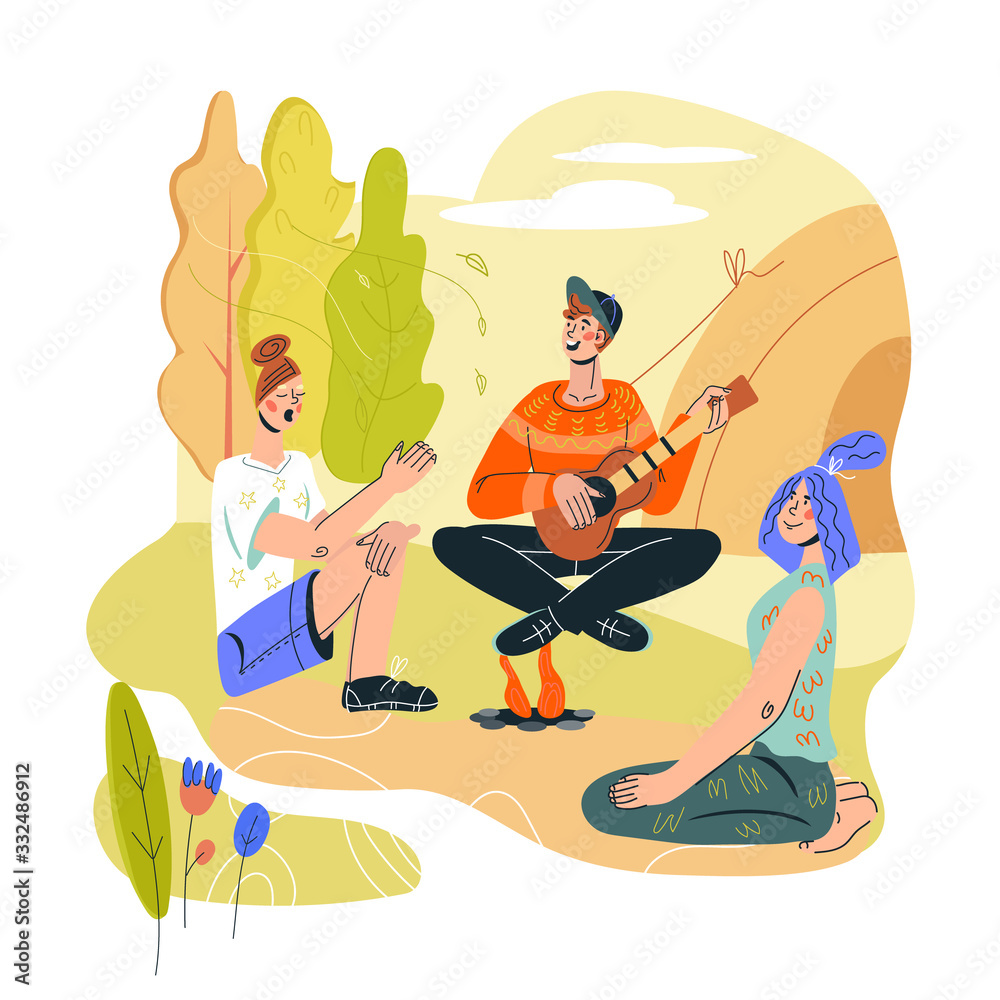 Summer camping scene with people tourists sit around bonfire and singing songs. Adventure time and recreation activity, active leisure on nature and travel. Flat cartoon vector illustration.