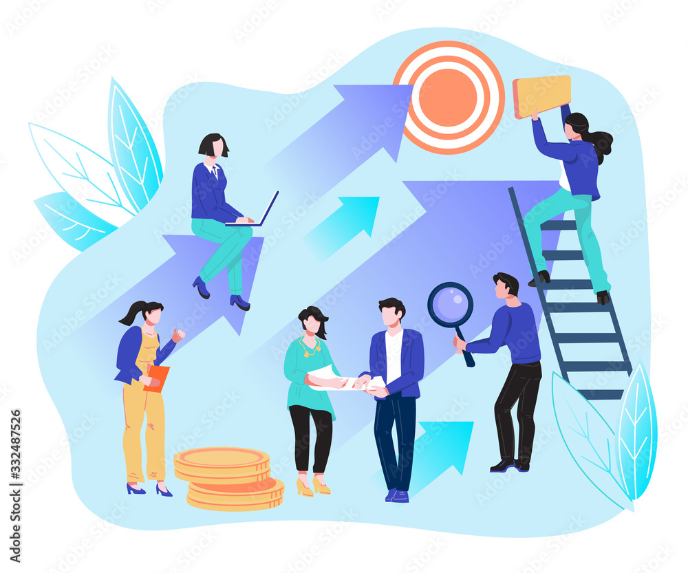 Business development and career growth concept with business people working on corporate success achievement. Company financial progress and leadership on market. Flat vector illustration. Business development and career growth concept with business people working on corporate success achievement. Company financial progress and leadership on market. Flat vector illustration.