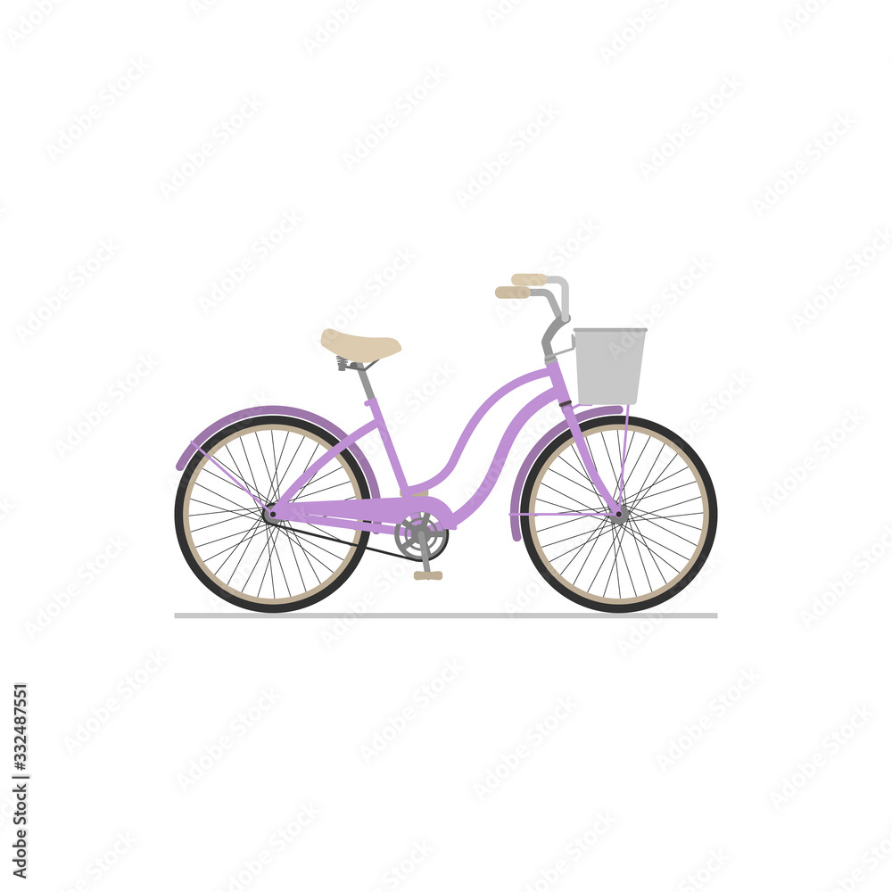 Flat isolated icon of a female cruiser bike with a basket on a white background.