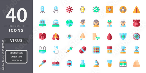 Virus icon pack in flat style. Modern design icon, symbol, logo and illustration. Vector graphics illustration and editable stroke. Good to use as health care and medical graphic asset.
