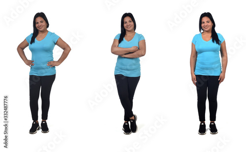 same woman with sportswear on white background,