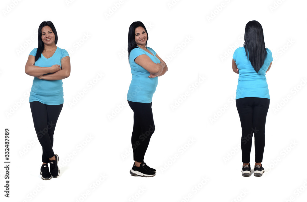same woman view of front,back and profile on white background, arms crossed same woman view of front,back and profile on white background, arms crossed