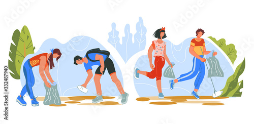 Concept of ecological challenge - plogging marathon banner with running people picking up garbage into litter bags. Environment saving and recycling. Flat cartoon vector illustration isolated.