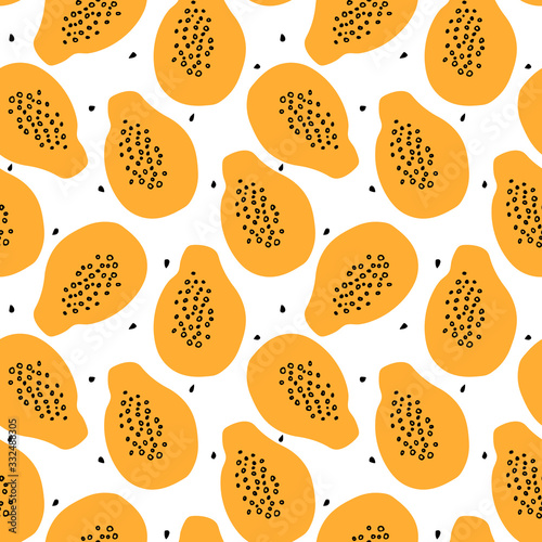Seamless vector pattern with papaya and seeds. Tropical fruits background.