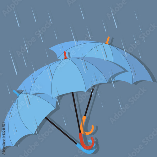 Vector rain umbrellas. Umbrella cover with shadow. Illustration of rain on a gray background with a drop of water drops. Meteorology, safety, seasonal weather concept.