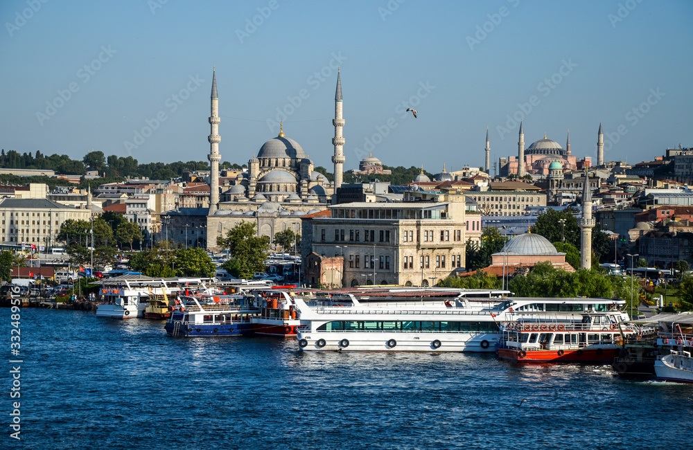 New mosque (Mosque of the Valide Sultan). Istanbul. Turkey. It is situated on the Golden Horn at the southern end of the Galata Bridge near fish market. It is one of the best-known sights of Istanbul.