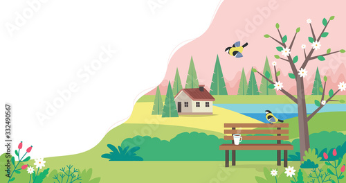 Hello spring landscape with bench, houses, fields and nature. Cute vector illustration in flat style
