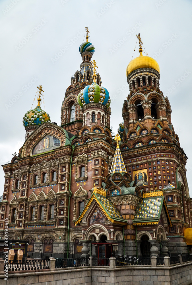 Ornate exterior and colorful domes of the Church of the Savior on Spilled Blood or Cathedral of Resurrection of Christ, Saint Petersburg, Russia 