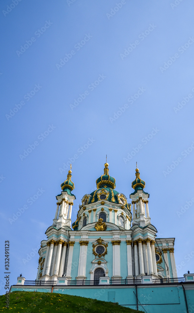 Orthodox Church of St. Andrew in Baroque style located at the  historical part of Kiev on  St. Andrew's Descent street very famous tourist place. Kyiv (Kiev), Ukraine