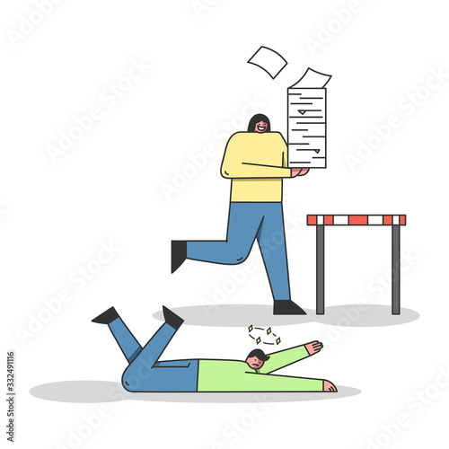 Steeplechase Concept. Office Team Has A Run Competition. The Losing Character Is Llying On The Floor, Woman With Stack Of Paper Try To Overcome the Barrier. Cartoon Linear Flat Vector Illustration