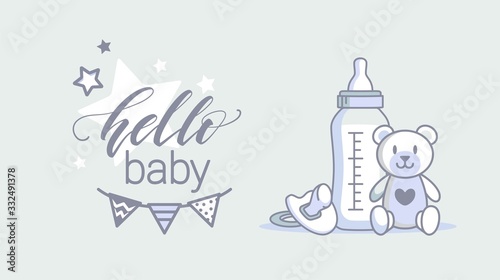Baby Shower Blue Background. Baby Arrival Cartoon Vector Illustration