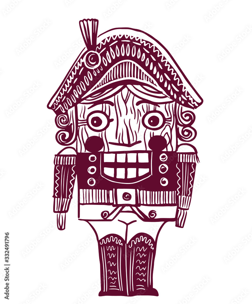 sketch picture isolate, wooden nutcracker doll for cracking nuts