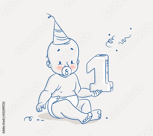 Cute Little Baby Boy Celebrating His First Birthday. Vector illustration