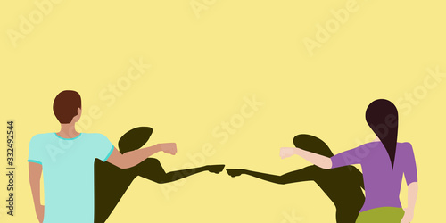 Social distancing greeting concept vector where two people fist bump at a distance but their shadows touch to prevent spread of COVID-19 coronavirus pandemic