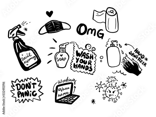Concept of coronavirus quarantine vector illustration. vector black and white graphic doodle stickers with medical masc, toilet paper, laptop,liquid soap and sanitizer.