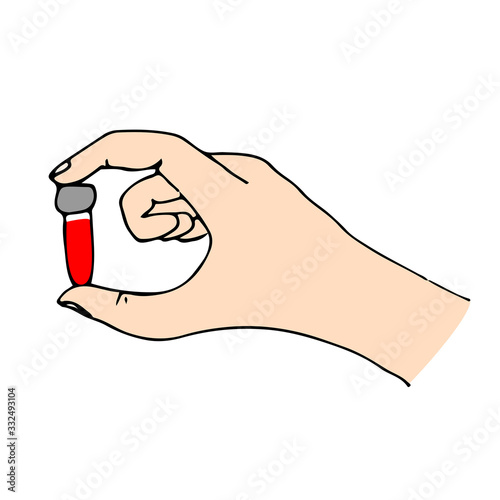 Hand holds a test tube between thumb and forefinger. Perhaps this is blood in a test container, a vaccine, a sample of a virus or bacteria. Color doodle in cartoon style.