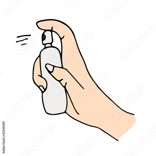 Hand sprays an antiseptic solution to disinfect hands and surfaces. Prevention of infection with coronavirus, flu, infection, bacteria. Vector color doodle in cartoon style.