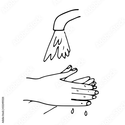 Hand washing under running tap water. Vector hand-drawn doodle outline.