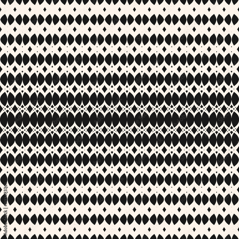 Black and white halftone mesh seamless pattern. Monochrome vector texture of lace, weave, lattice, grid, net. Vertical gradient transition effect. Abstract geometric background. Elegant repeat design
