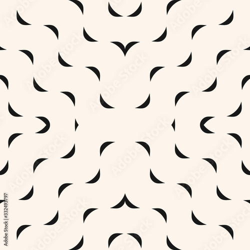 Vector minimalist geometric seamless pattern with small wavy shapes, curved lines. Simple abstract monochrome texture with concentric waves. Modern black and white background. Repeatable design