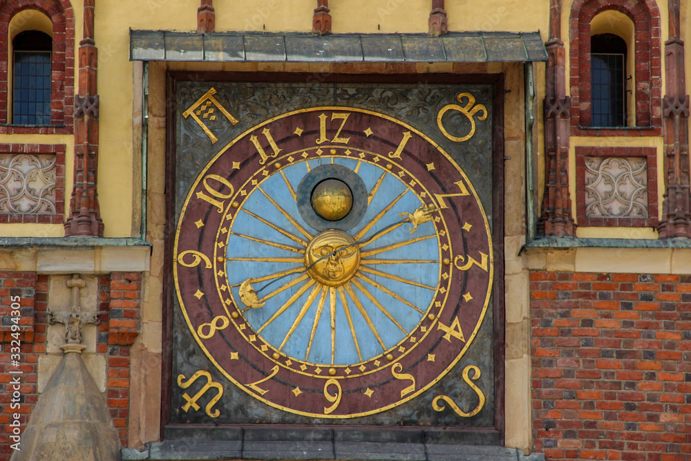 Astronomical clock in the City Hall of Wroclaw, Poland. Front view.