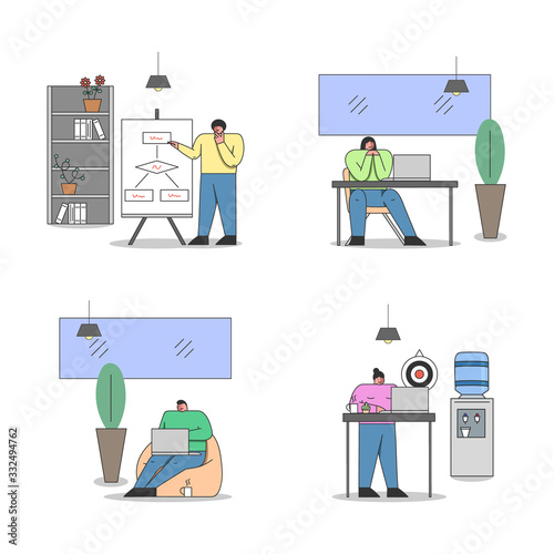Creative Office Concept. Business People Work In The Office Making Presentation On Whiteboard, Doing Office Job Working On Laptops, Settig Goals. Cartoon Linear Outline Flat Vector Illustrations Set