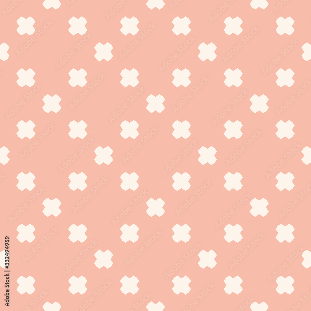 Vector minimalist geometric floral seamless pattern. Abstract texture with small cross shapes, polka dots. Subtle background in light pink and white colors. Delicate repeat design for decor, prints