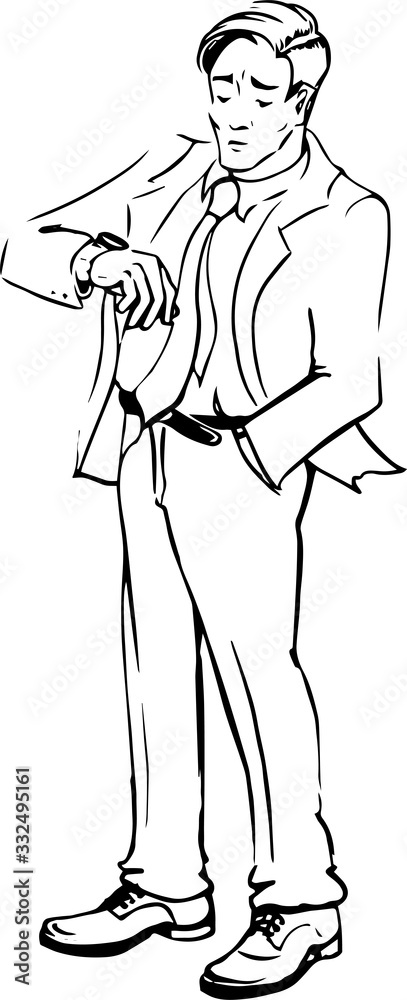 Fototapeta premium Businessman is standing and take a look on his watch outline drawing vector illustration